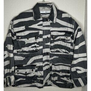 IRO Jacket Womens 38 Black White Zebra Print Utility Cargo Pockets Denim